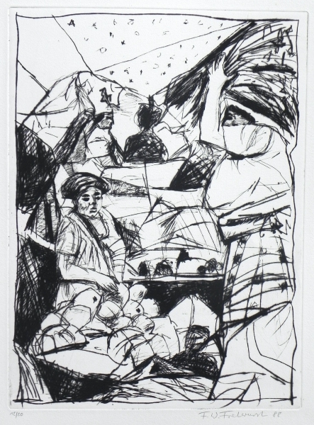Sonntagsmarkt im mexikanischen Dorf, 1988, Kaltnadel, 39x29 cm